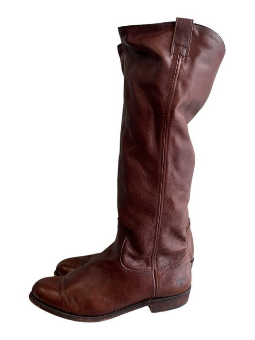 Frye Shoe Size est 9 Brown Leather Almond Toe Knee High Low Heel Boots Brown / est 9