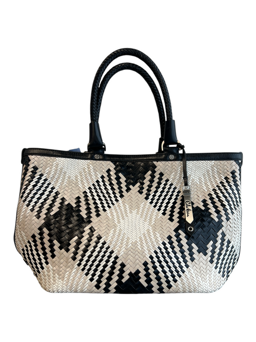 Cole Haan Beige & Black Leather Woven Aztec silver hardware shoulder bag Bag Beige & Black / L