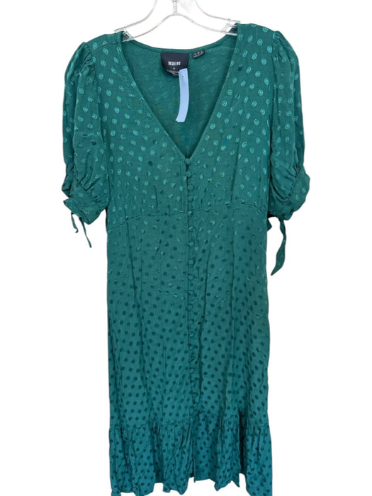 Mave Size 4 Forest Green Dots Button Down Tie Sleeve V Neck Dress Forest Green / 4
