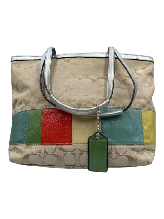 Coach Tan, Silver, & Multi Canvas & Leather Zip Close Monogram Patch Tote Bag Tan, Silver, & Multi / Medium