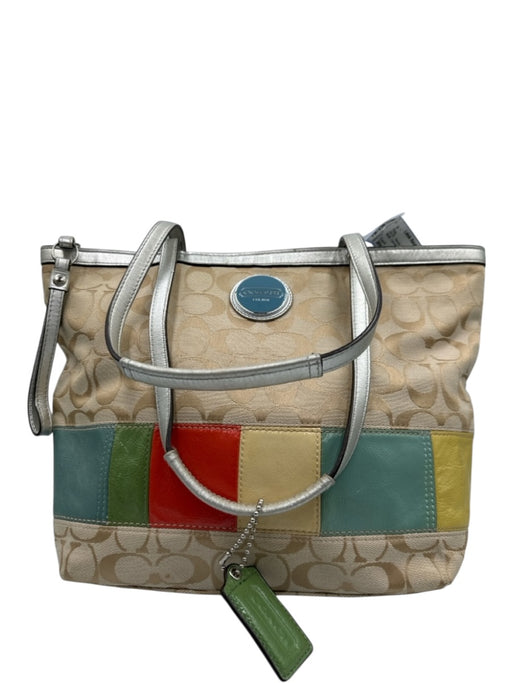 Coach Tan, Silver, & Multi Canvas & Leather Zip Close Monogram Patch Tote Bag Tan, Silver, & Multi / Medium