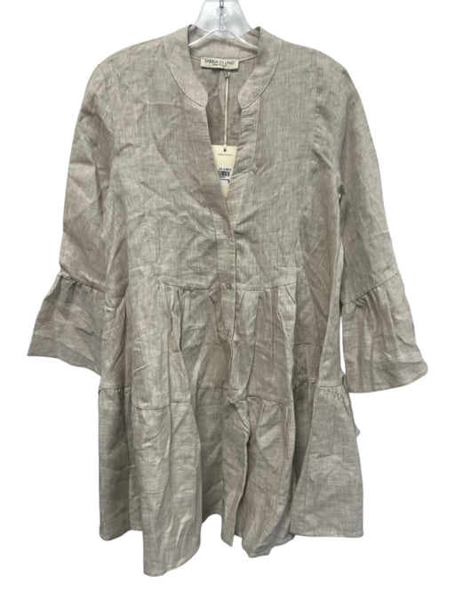 Sabbia Di Lino Size M Gray Beige Linen 3/4 Bell Sleeve 1/2 Button Pleated Dress Gray Beige / M