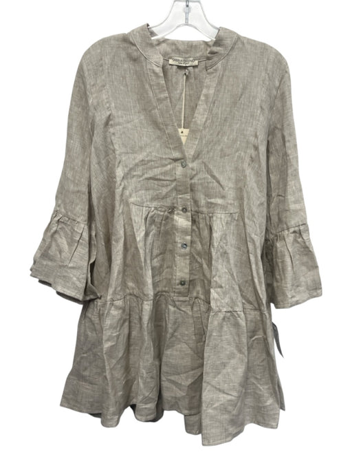 Sabbia Di Lino Size L Gray Beige Linen 3/4 Bell Sleeve 1/2 Button Pleated Dress Gray Beige / L