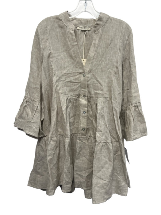 Sabbia Di Lino Size L Gray Beige Linen 3/4 Bell Sleeve 1/2 Button Pleated Dress Gray Beige / L