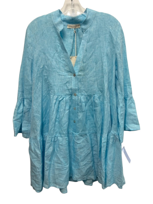 Sabbia Di Lino Size L Aquamarine Blue Linen 3/4 Bell Sleeve 1/2 Button Dress Aquamarine Blue / L