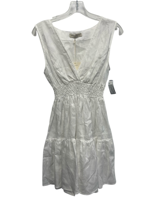 Sabbia Di Lino Size M White Linen Sleeveless Smocked Waist V Neck Mini Dress White / M