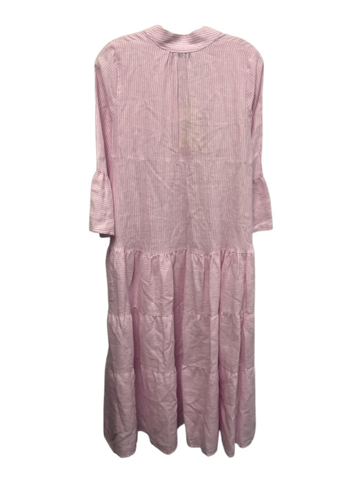 Sabbia Di Lino Size S Pink & White Linen 3/4 Flare Sleeve Stripe Midi Dress Pink & White / S