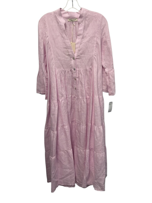 Sabbia Di Lino Size S Pink & White Linen 3/4 Flare Sleeve Stripe Midi Dress Pink & White / S