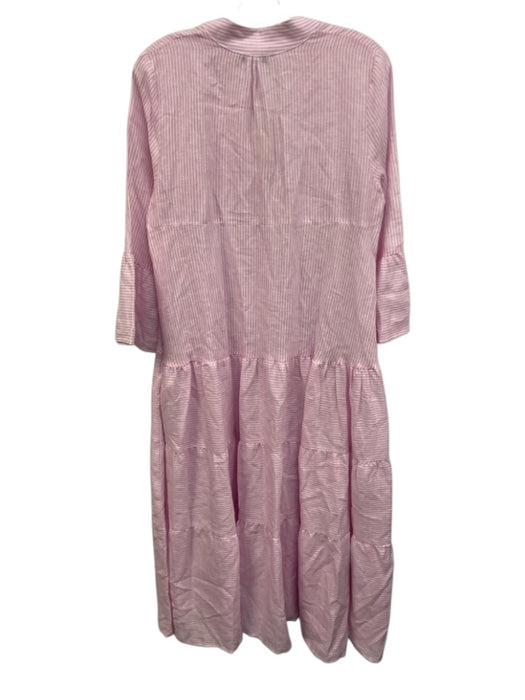 Sabbia Di Lino Size L Pink & White Linen 3/4 Flare Sleeve Stripe Midi Dress Pink & White / L