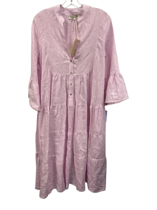Sabbia Di Lino Size L Pink & White Linen 3/4 Flare Sleeve Stripe Midi Dress Pink & White / L