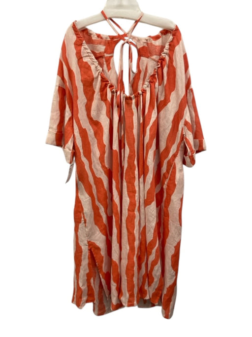 Oas Size XS/S Orange & Light Pink Linen 1/2 Sleeve Wavy Stripes Open Back Dress Orange & Light Pink / XS/S