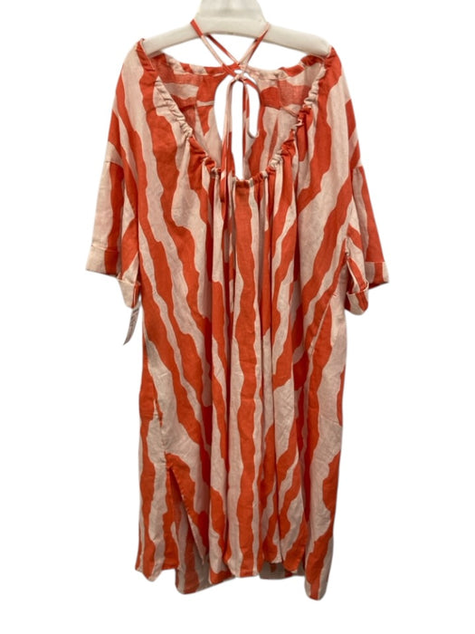 Oas Size XS/S Orange & Light Pink Linen 1/2 Sleeve Wavy Stripes Open Back Dress Orange & Light Pink / XS/S