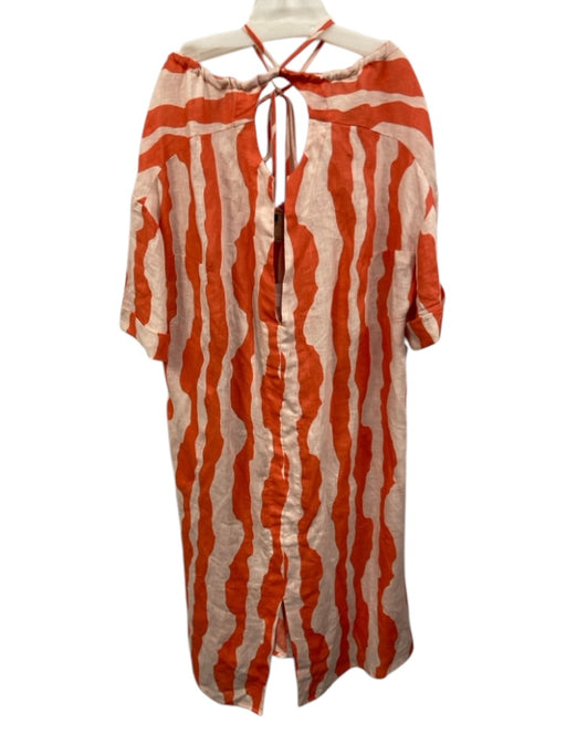 Oas Size XS/S Orange & Light Pink Linen 1/2 Sleeve Wavy Stripes Open Back Dress Orange & Light Pink / XS/S