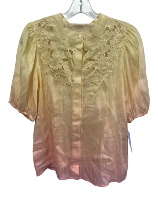 Christy Lynn Size 6 Yellow & Pink Linen & Silk Short Sleeve Floral Cutout Top Yellow & Pink / 6