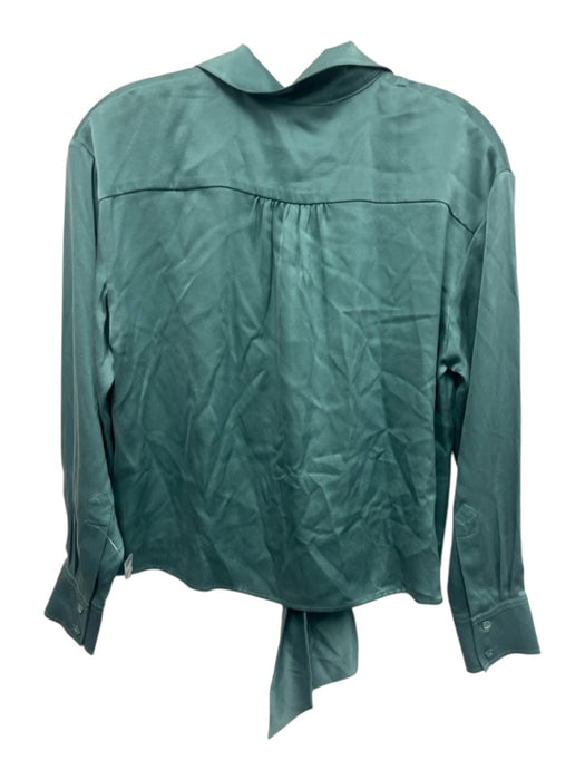 Secret Mission Size XS Teal Green Silk Long Sleeve Front Tie Buttons Collar Top Teal Green / XS