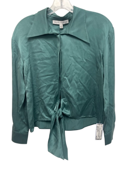Secret Mission Size XS Teal Green Silk Long Sleeve Front Tie Buttons Collar Top Teal Green / XS