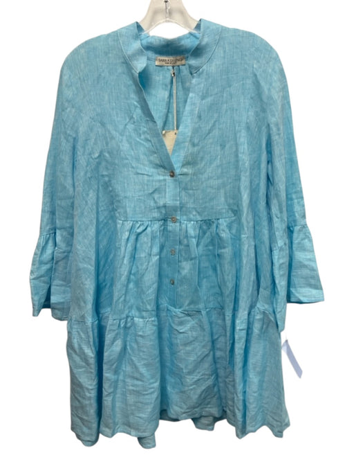 Sabbia Di Lino Size M Aquamarine Blue Linen 3/4 Bell Sleeve 1/2 Button Dress Aquamarine Blue / M