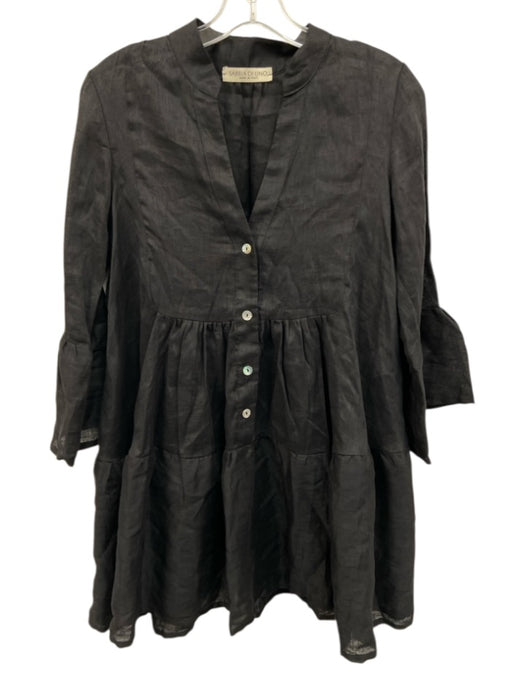 Sabbia Di Lino Size XS Black Linen 3/4 Bell Sleeve 1/2 Button Pleated Dress Black / XS