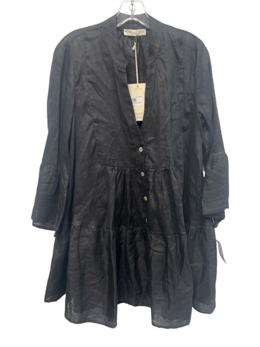 Sabbia Di Lino Size S Black Linen 3/4 Bell Sleeve 1/2 Button Pleated Dress Black / S