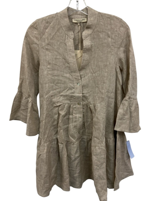 Sabbia Di Lino Size L Gray Beige Linen 3/4 Bell Sleeve 1/2 Button Pleated Dress Gray Beige / L