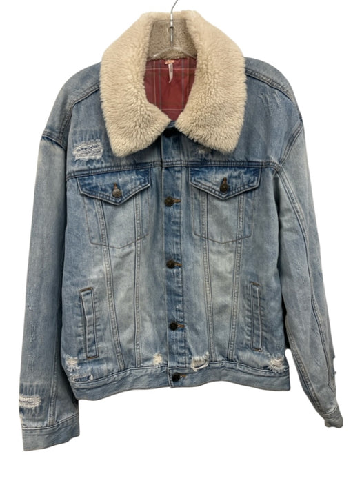 Free People Size M Light Wash & Cream Cotton Denim Faux Shearling Collar Jacket Light Wash & Cream / M