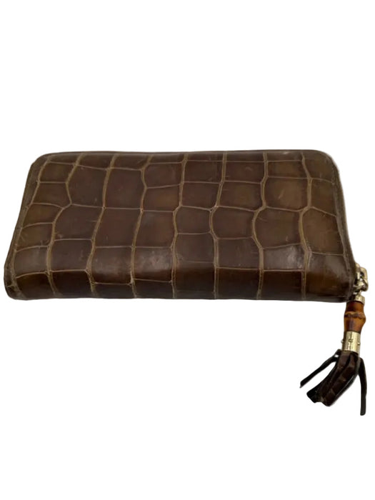 Gucci Brown Leather Croc Embossed Tassel Zip Around Vintage Wallets