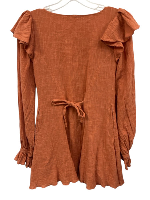 Free People Size XS Orange Cotton Long Balloon Sleeve V Neck Ruffle Detail Dress Orange / XS