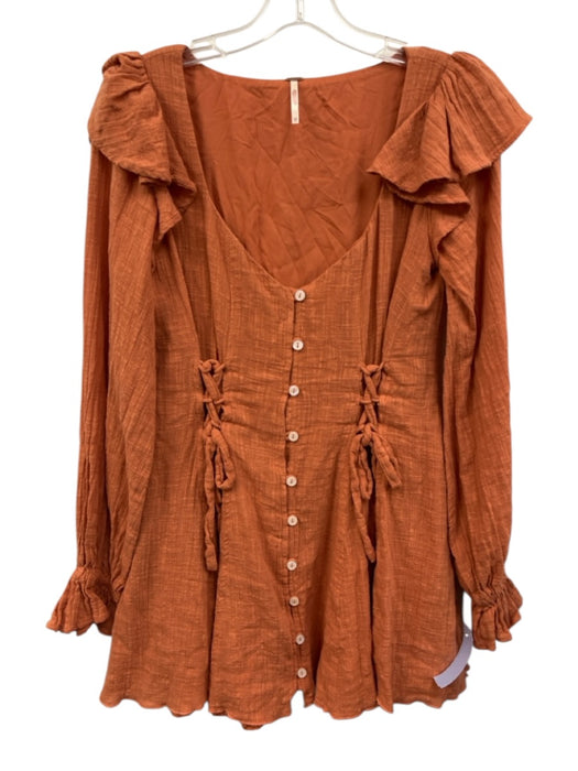 Free People Size XS Orange Cotton Long Balloon Sleeve V Neck Ruffle Detail Dress Orange / XS