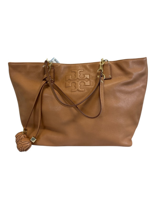 Tory Burch Brown Leather Snap Button Top Handle embossed logo Tassels Bag Brown / L