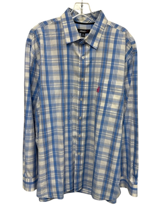 Johnnie O Size XXL Blue & White Cotton Plaid Button Up Men's Long Sleeve Shirt Blue & White / XXL