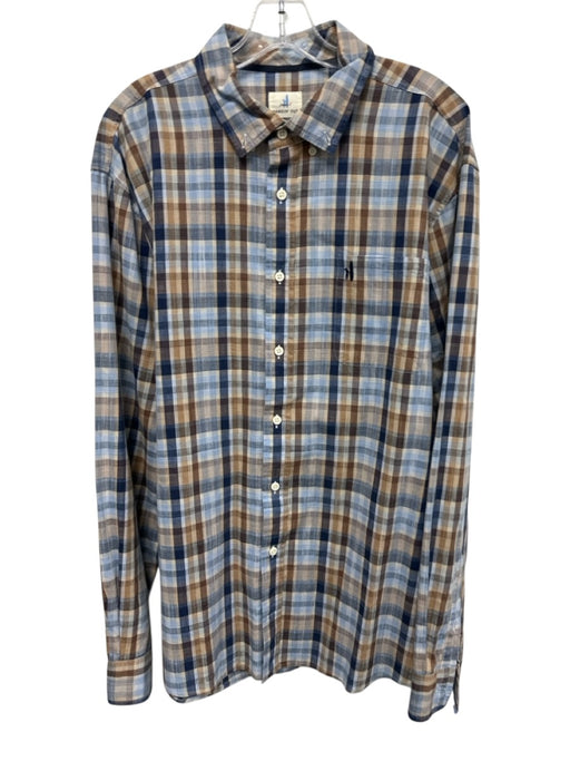 Johnnie O Size XXL Brown & Blue Linen Blend Plaid Button Up Long Sleeve Shirt Brown & Blue / XXL