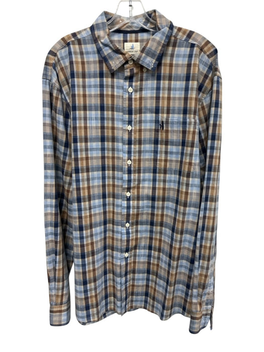 Johnnie O Size XXL Brown & Blue Linen Blend Plaid Button Up Long Sleeve Shirt Brown & Blue / XXL