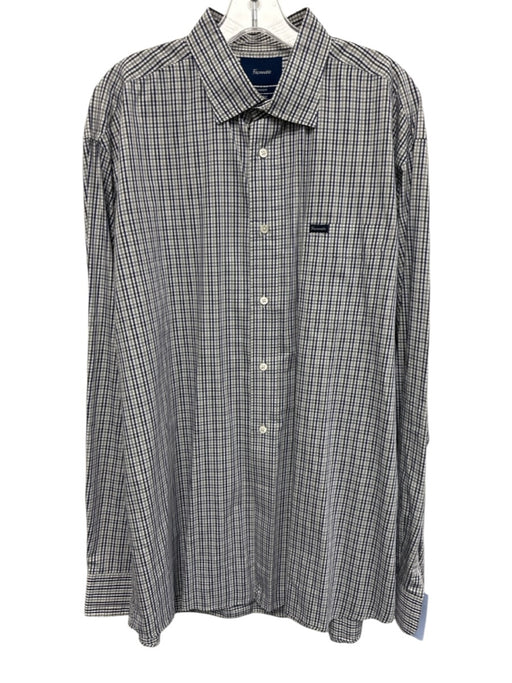 Facconable Size XXL Blue & Gray Cotton Plaid Button Up Men's Long Sleeve Shirt Blue & Gray / XXL
