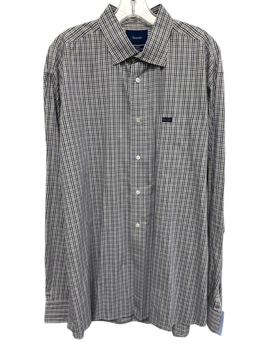 Facconable Size XXL Blue & Gray Cotton Plaid Button Up Men's Long Sleeve Shirt Blue & Gray / XXL