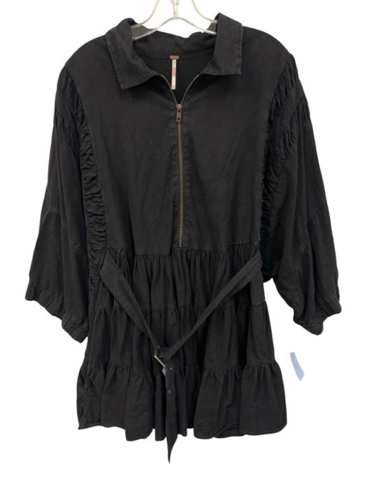 Free People Size M Black Cotton 3/4 Dolman Sleeve 1/2 Zip Gathered Detail Dress Black / M