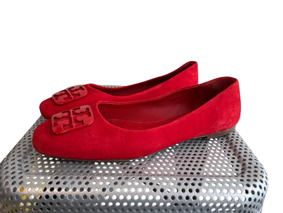 Tory Burch Shoe Size 9.5 Red Suede Logo Flat Square Toe Shoes Red / 9.5