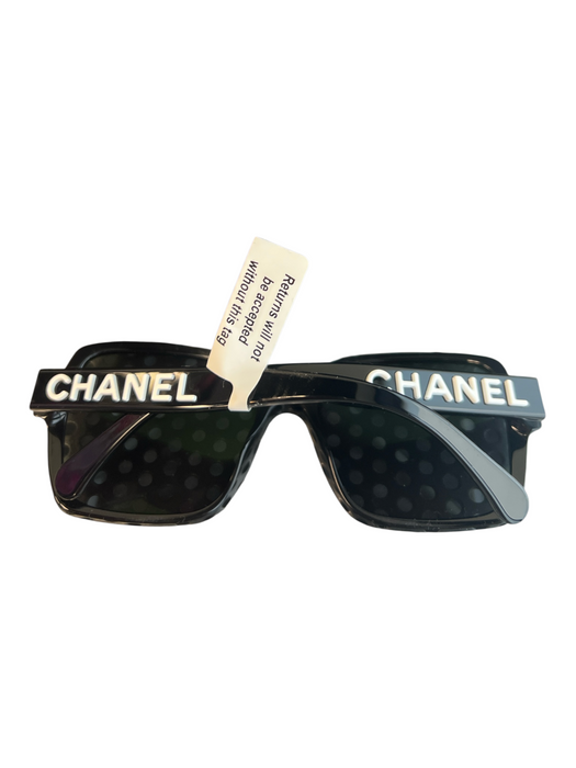 Chanel Black Acetate White Lettering Square Gray lenses Sunglasses Black
