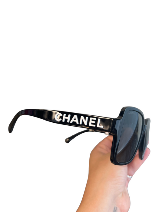 Chanel Black Acetate White Lettering Square Gray lenses Sunglasses Black