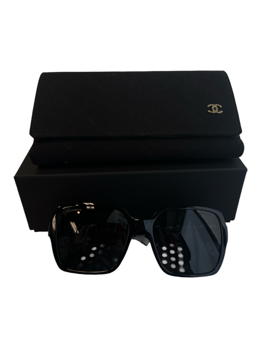 Chanel Black Acetate White Lettering Square Gray lenses Sunglasses Black