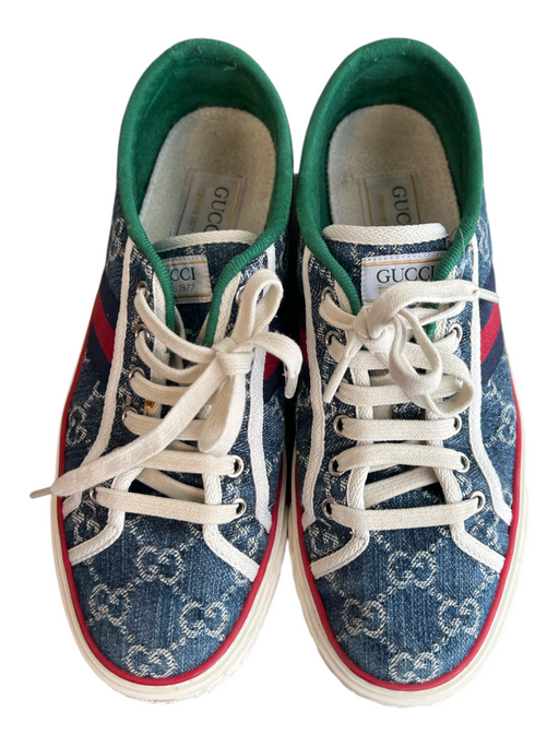 Gucci Shoe Size 39 Blue, Red & White Canvas Low Top Lace Up Monogram Shoes Blue, Red & White / 39