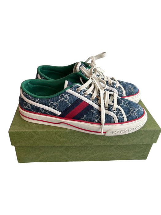Gucci Shoe Size 39 Blue, Red & White Canvas Low Top Lace Up Monogram Shoes Blue, Red & White / 39