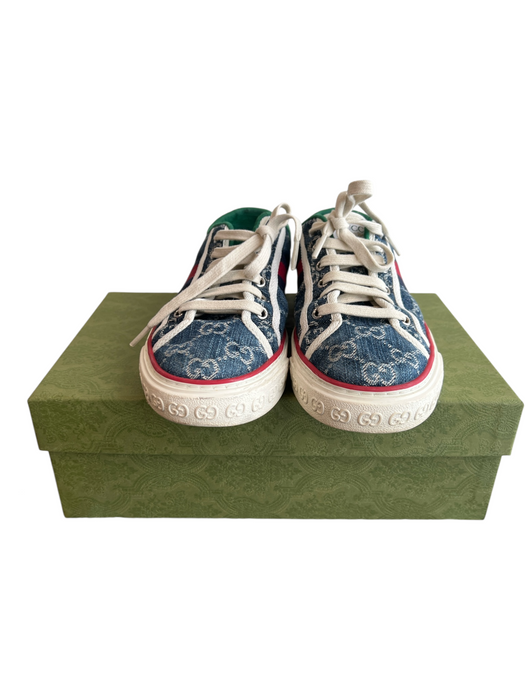 Gucci Shoe Size 39 Blue, Red & White Canvas Low Top Lace Up Monogram Shoes Blue, Red & White / 39