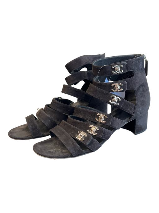 Chanel Shoe Size 40 Black Suede Silver Logo Interlocking CC Gladiator Shoes Black / 40