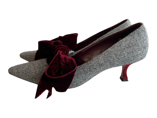Manolo Blahnik Shoe Size 39.5 Gray & Burgundy Tweed Velvet Bow Pointed Toe Shoes Gray & Burgundy / 39.5