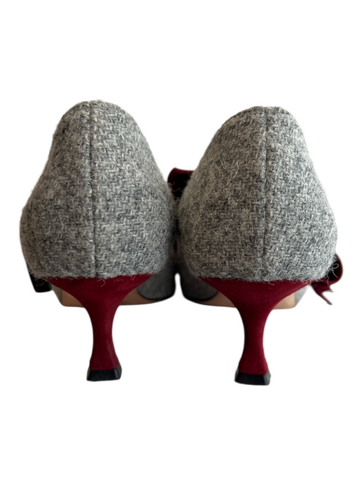 Manolo Blahnik Shoe Size 39.5 Gray & Burgundy Tweed Velvet Bow Pointed Toe Shoes Gray & Burgundy / 39.5