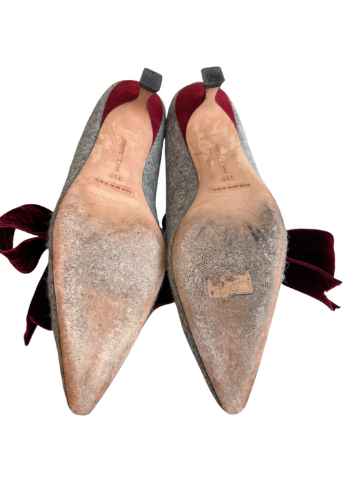 Manolo Blahnik Shoe Size 39.5 Gray & Burgundy Tweed Velvet Bow Pointed Toe Shoes Gray & Burgundy / 39.5