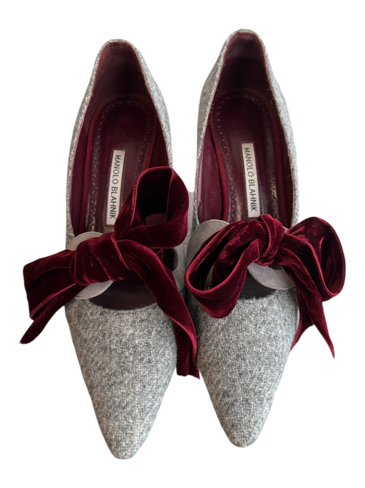 Manolo Blahnik Shoe Size 39.5 Gray & Burgundy Tweed Velvet Bow Pointed Toe Shoes Gray & Burgundy / 39.5