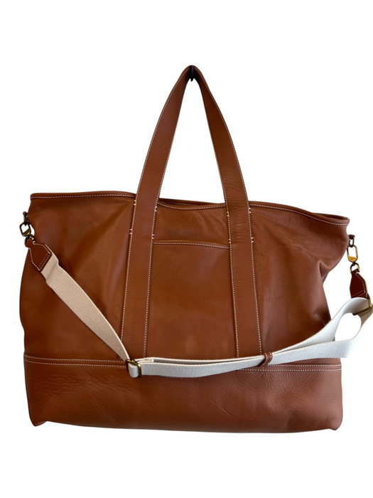 J Crew Brown Leather Contrast Stitch 2 handles Shoulder Strap Top Zip Bag Brown / XL