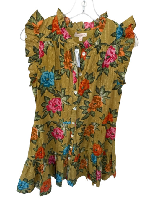 Pink Chicken Size XS Green & Red Cotton Flutter Sleeves Flowers Buttons Dress Green & Red / XS