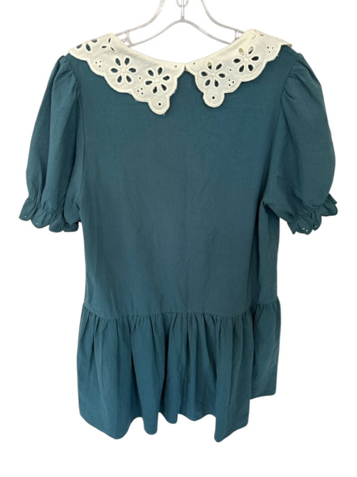 Pomander Place Size S Teal & Cream Cotton Short Balloon Sleeve Bib Dress Teal & Cream / S